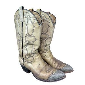 Dan‎ Post Vintage Leather Worn Cream Tan Western Boots Mens 9.5 D